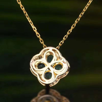 18k Yellow Gold Emerald Gemstone Clover Pendant Necklace